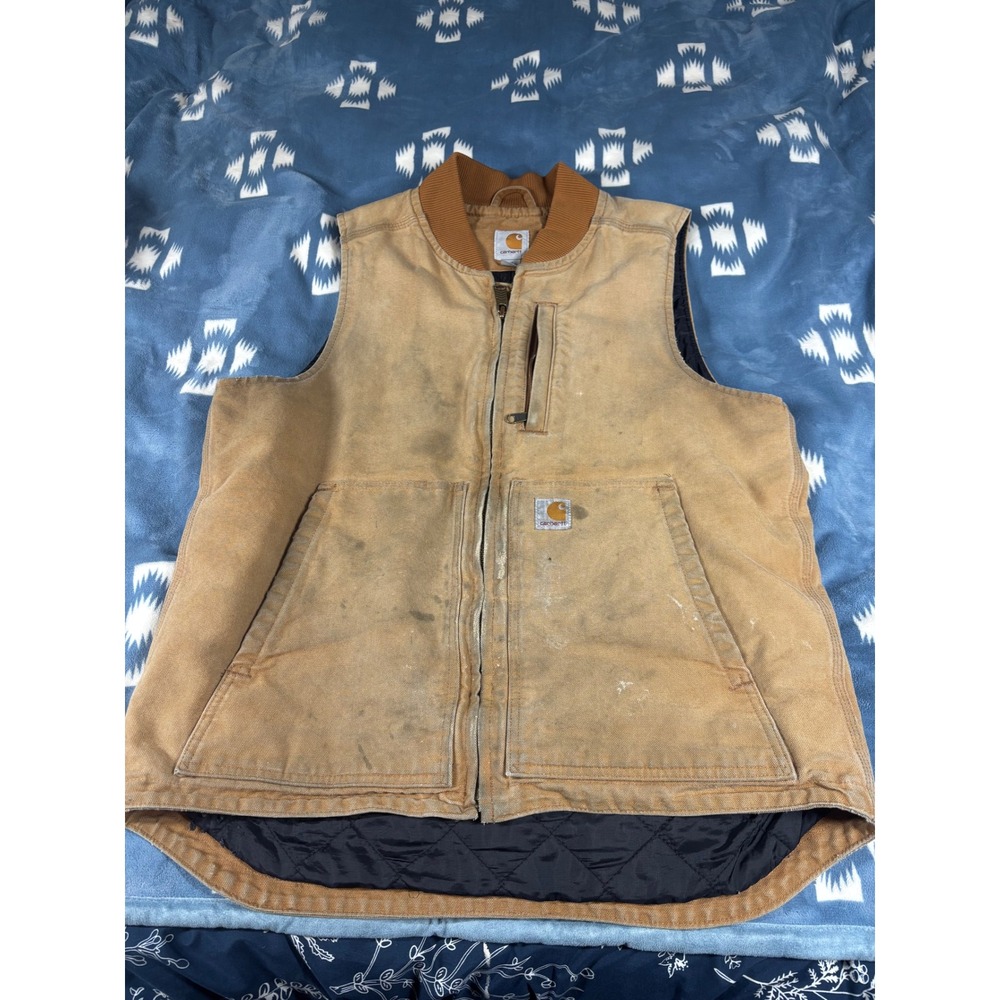 Carhartt Mens Sandstone Duck Quilted Vest Tan Brown V02 Medium Distressed